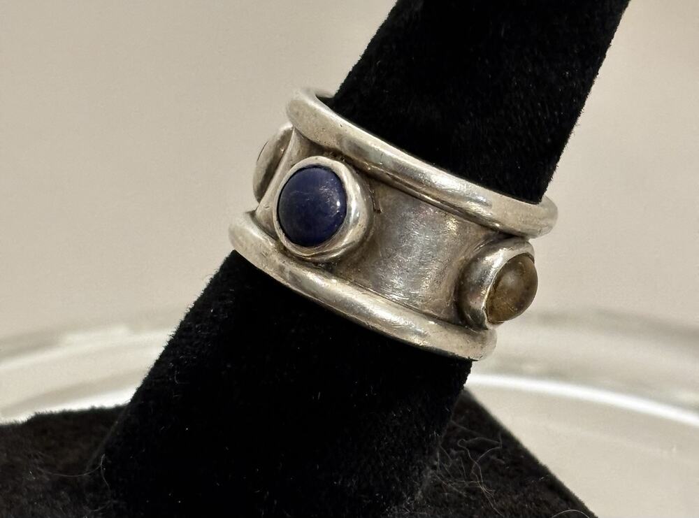 Artisan Modernist Sterling Wide Band RING w/Lapis/Citrine/Garnet Cabs